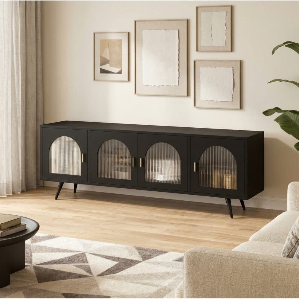Minimalist TV Cabinet with Iron Frame & Glass Doors Modern Storage Console 相册图 #3 scene