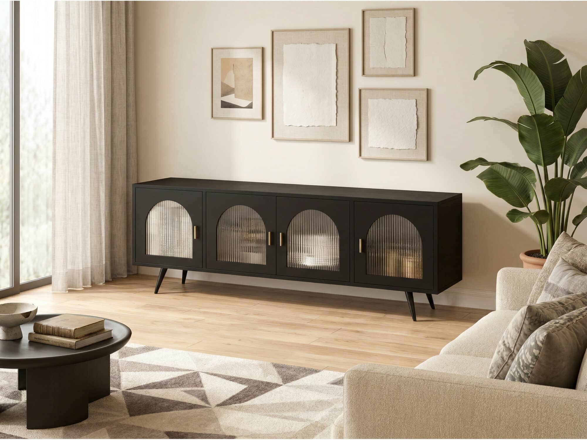 Minimalist TV Cabinet with Iron Frame & Glass Doors Modern Storage Console 相册图 #3 scene