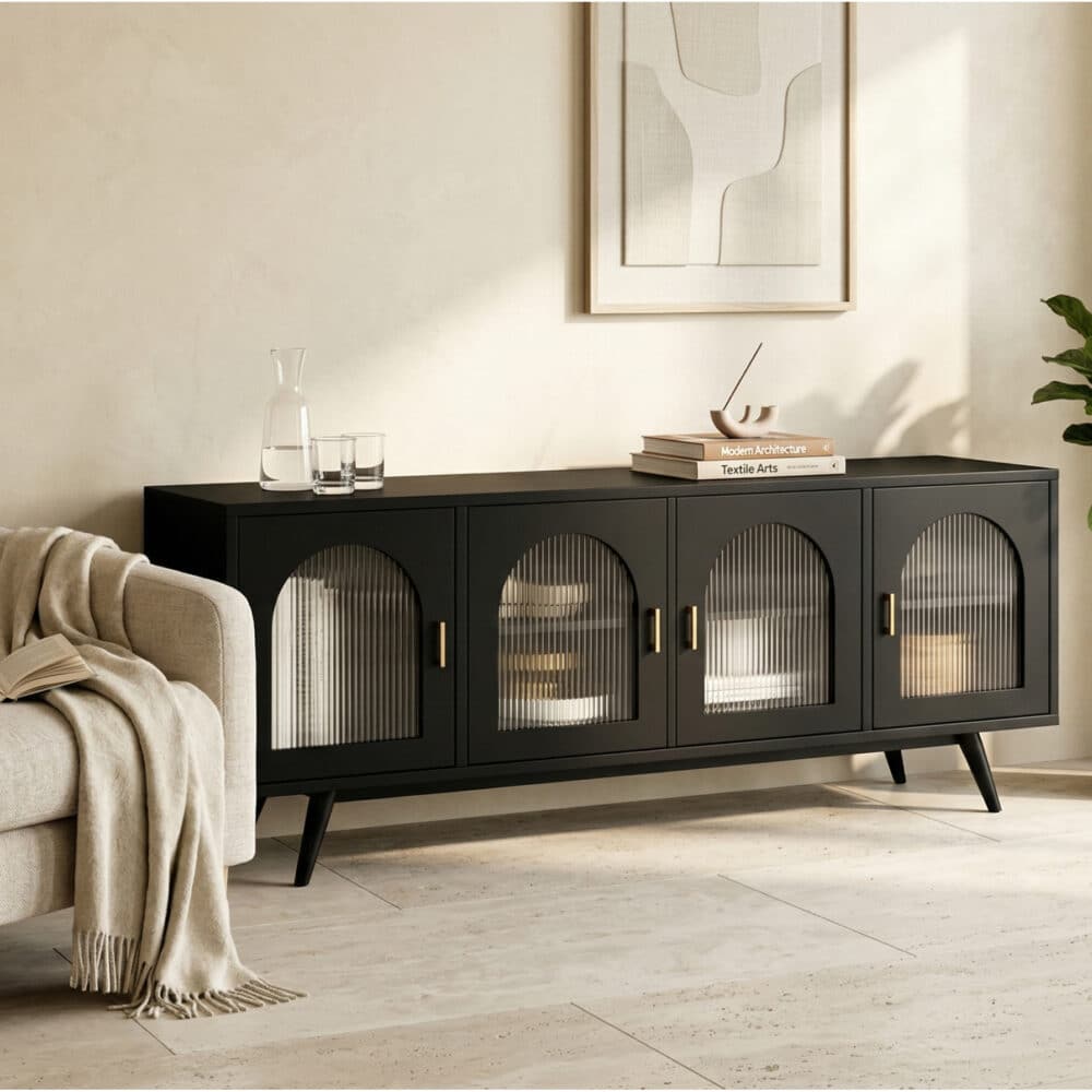 Minimalist TV Cabinet with Iron Frame & Glass Doors Modern Storage Console 相册图 #4 scene