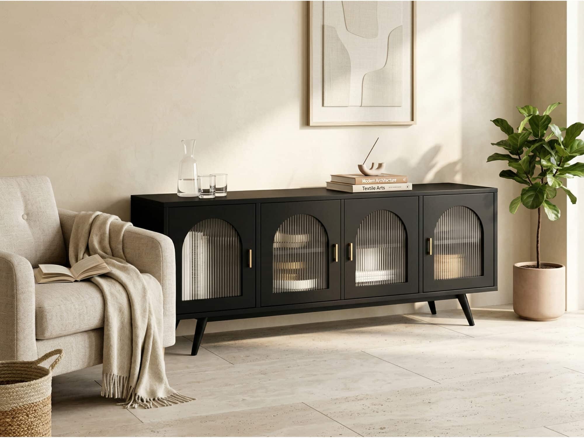 Minimalist TV Cabinet with Iron Frame & Glass Doors Modern Storage Console 相册图 #4 scene
