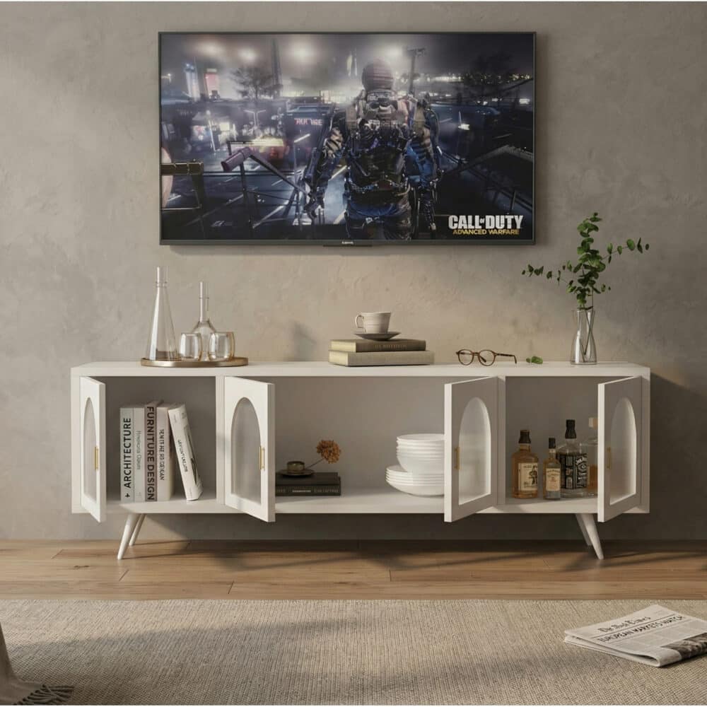 Minimalist TV Cabinet with Iron Frame & Glass Doors Modern Storage Console 相册图 #5 scene