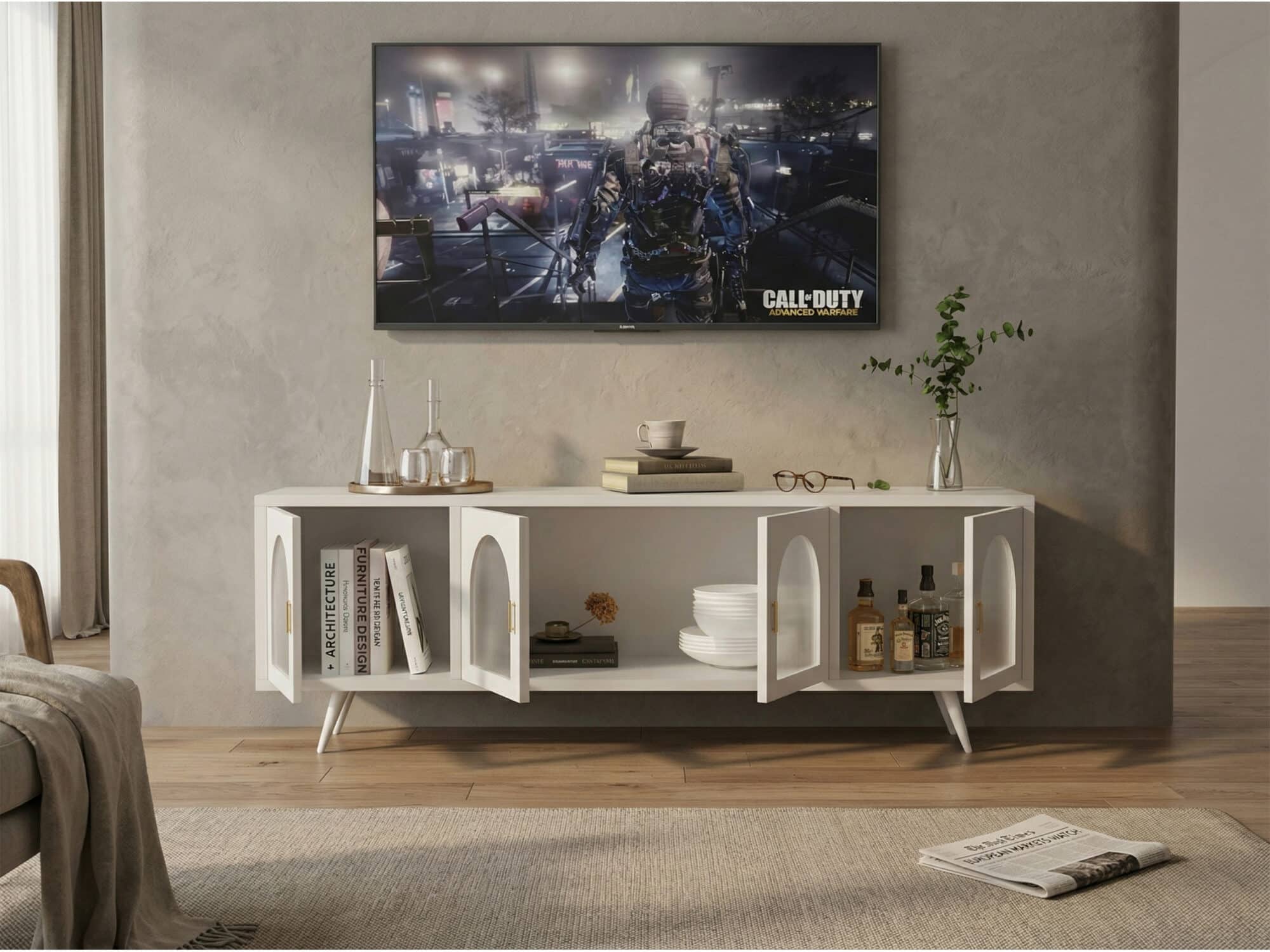 Minimalist TV Cabinet with Iron Frame & Glass Doors Modern Storage Console 相册图 #5 scene