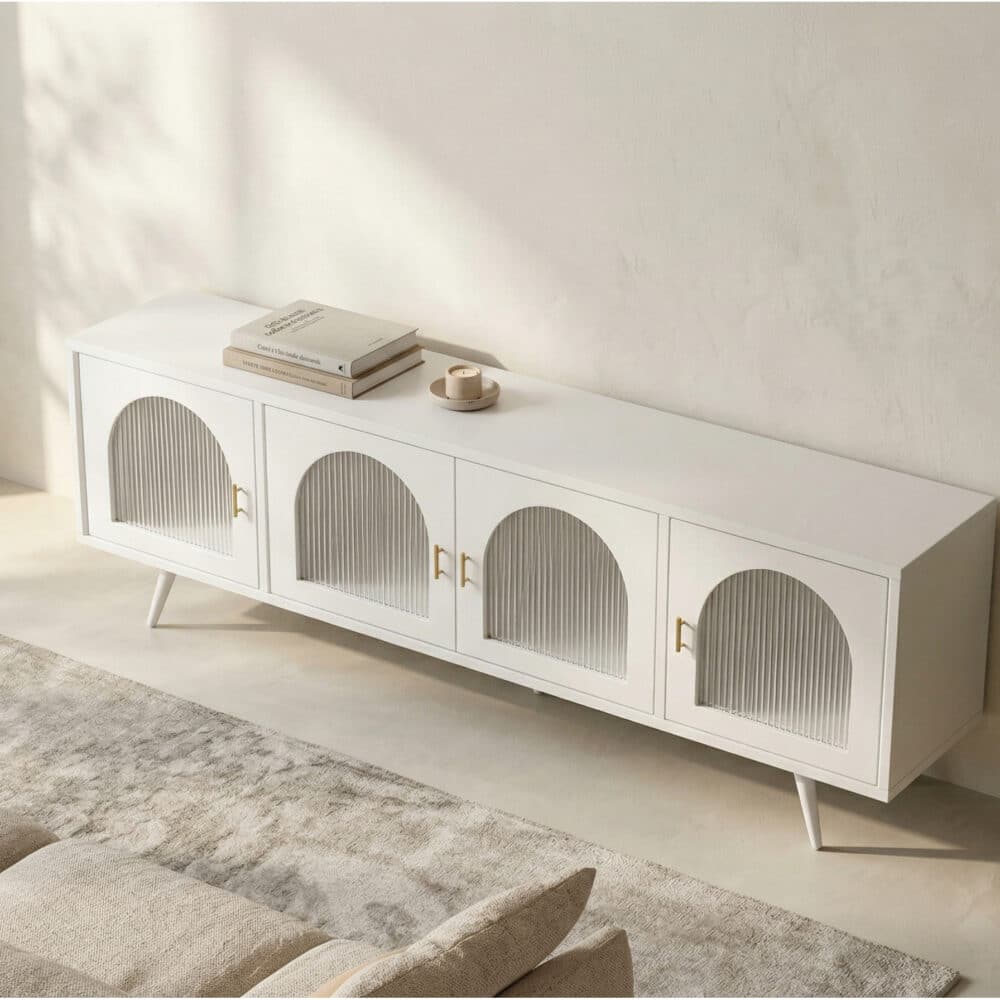 Minimalist TV Cabinet with Iron Frame & Glass Doors Modern Storage Console 相册图 #6 scene