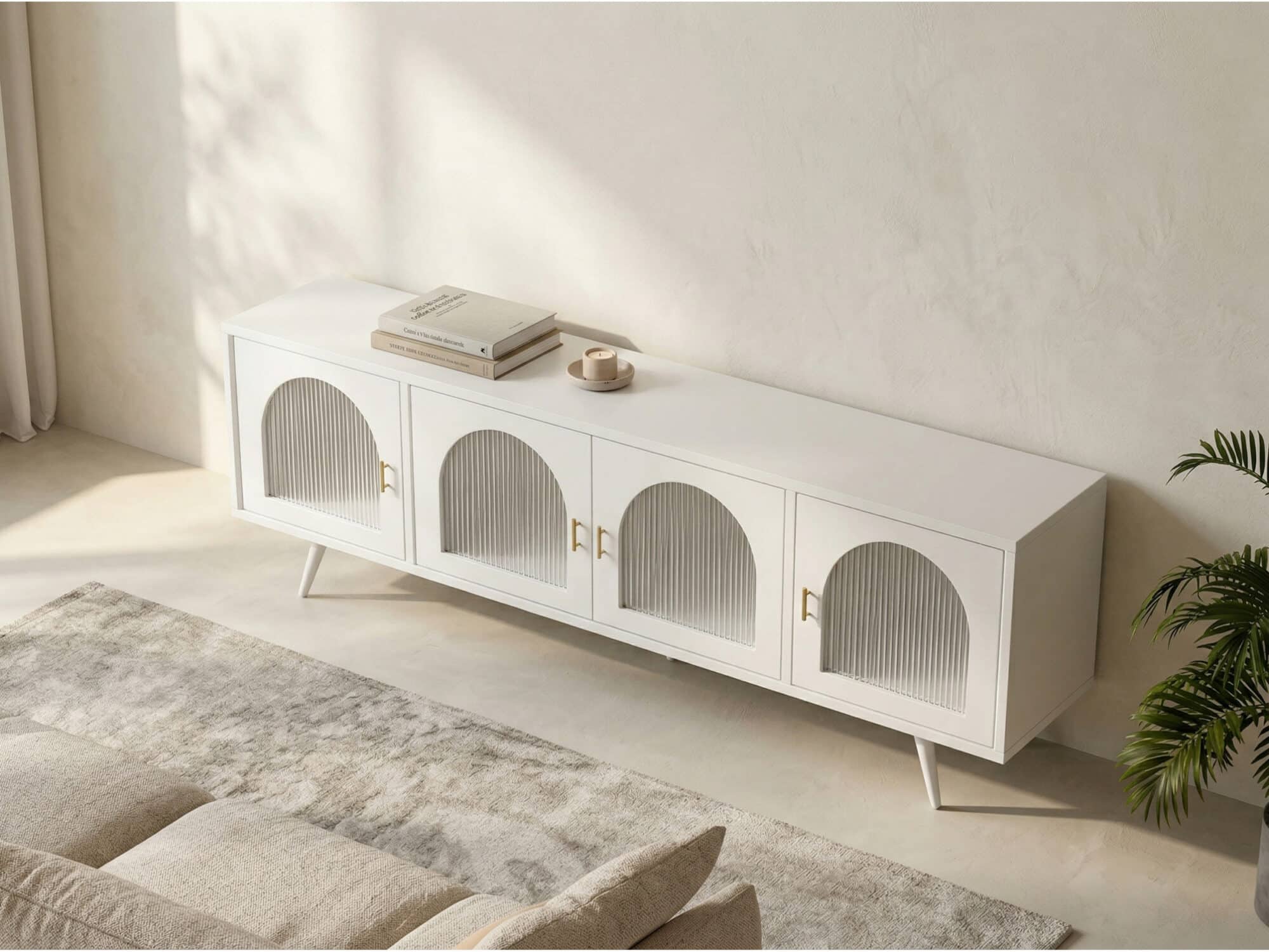 Minimalist TV Cabinet with Iron Frame & Glass Doors Modern Storage Console 相册图 #6 scene
