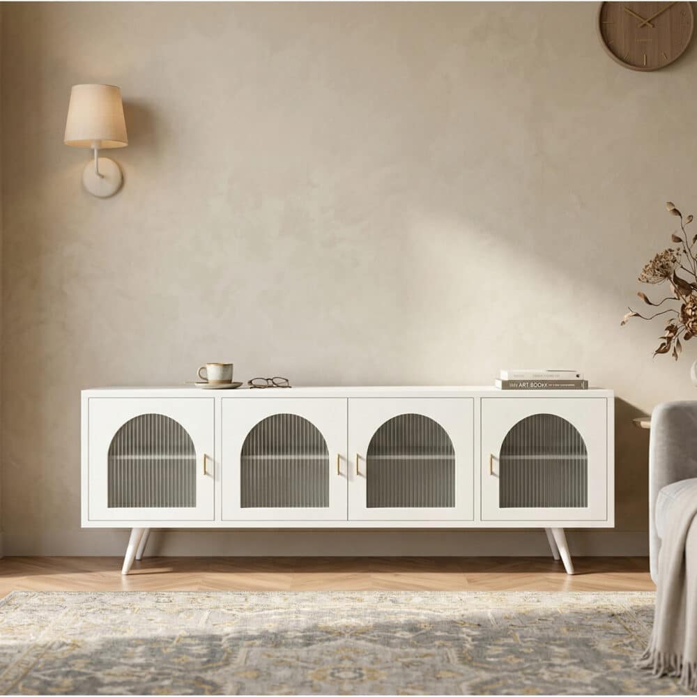 Minimalist TV Cabinet with Iron Frame & Glass Doors Modern Storage Console 相册图 #8 scene
