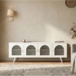 Minimalist TV Cabinet with Iron Frame & Glass Doors Modern Storage Console 相册图 #8 scene