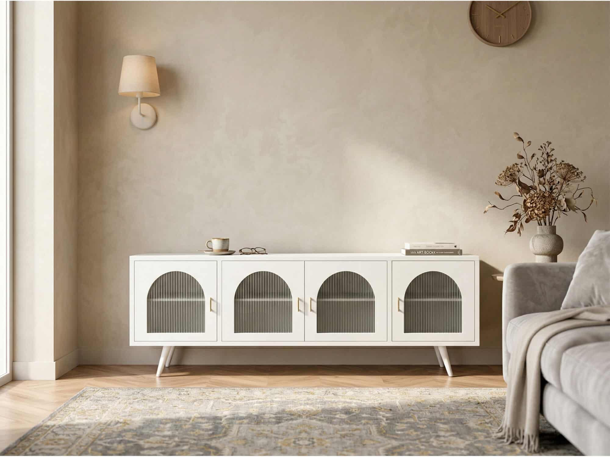 Minimalist TV Cabinet with Iron Frame & Glass Doors Modern Storage Console 相册图 #8 scene