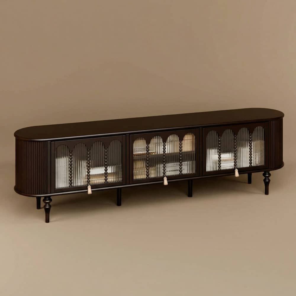 Modern Black TV Stand Console Table with Arched Glass Doors 相册图 #10 resized