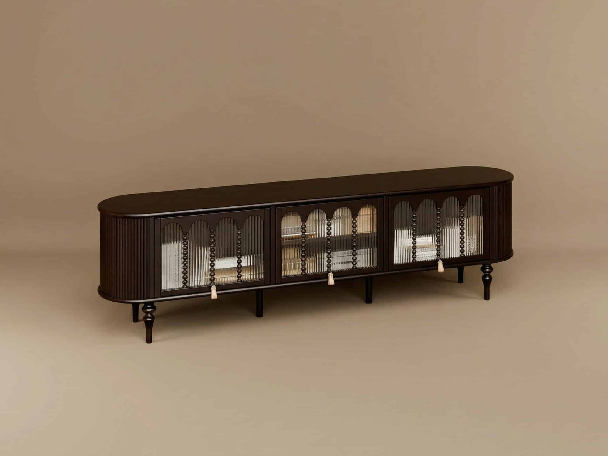 Modern Black TV Stand Console Table with Arched Glass Doors 相册图 #10 resized