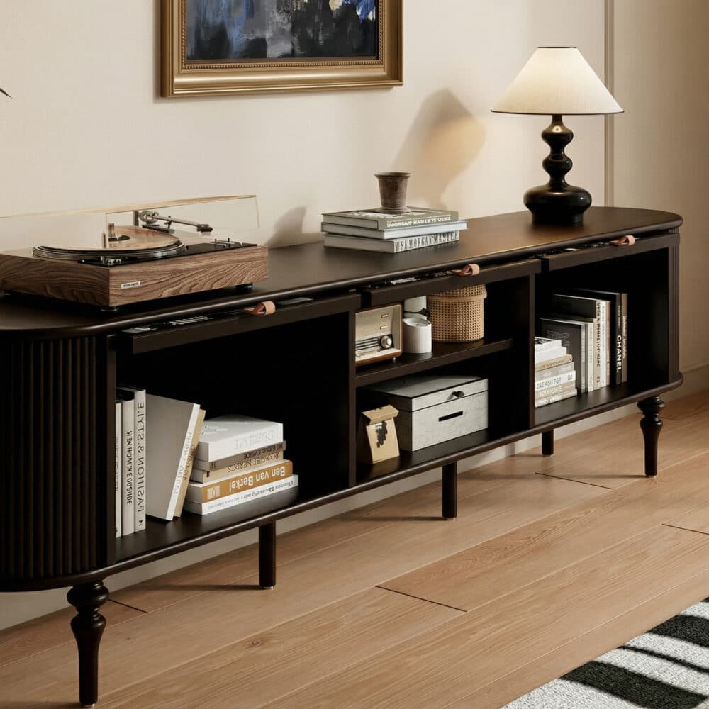 Modern Black TV Stand Console Table with Arched Glass Doors 相册图 #3 resized