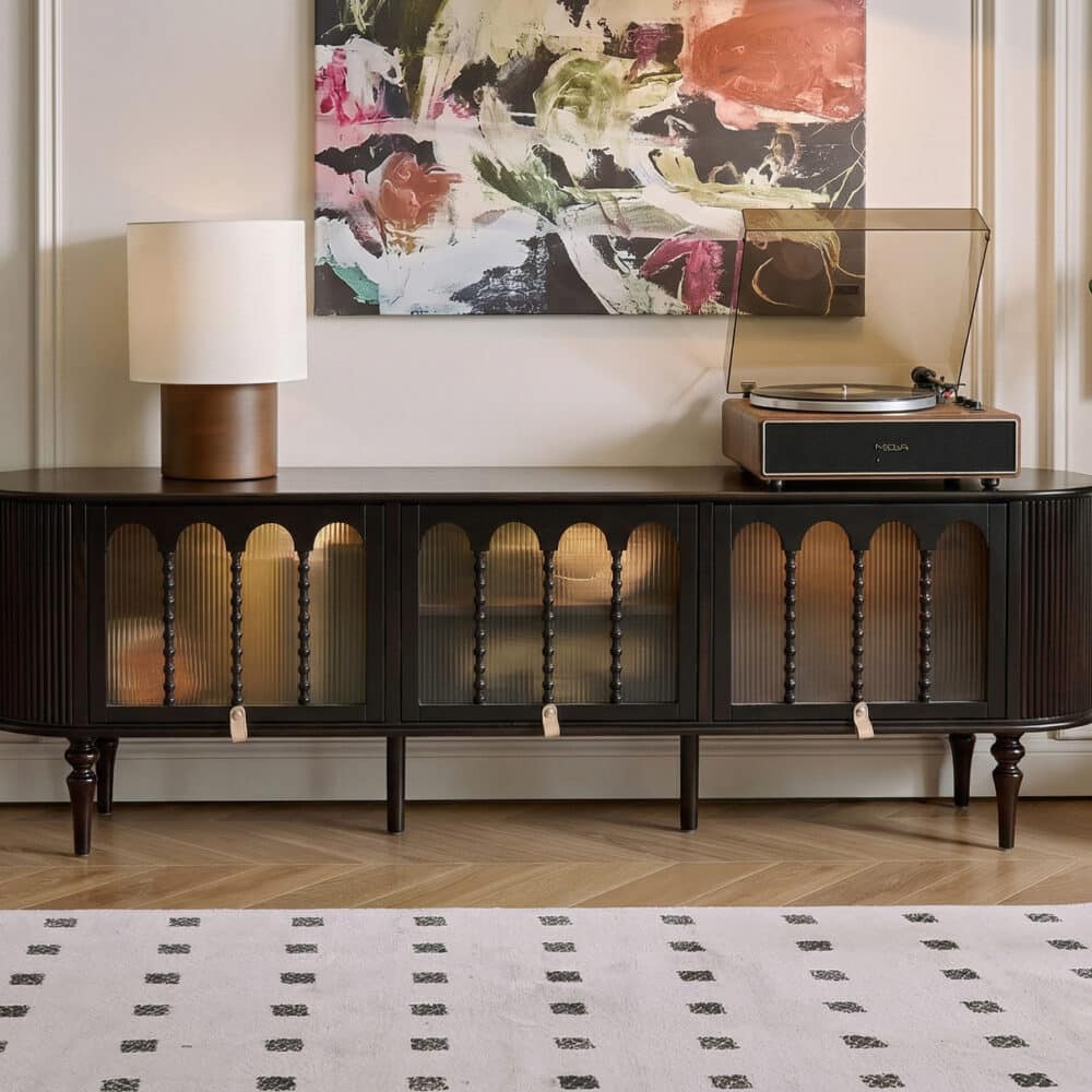 Modern Black TV Stand Console Table with Arched Glass Doors 相册图 #4 resized
