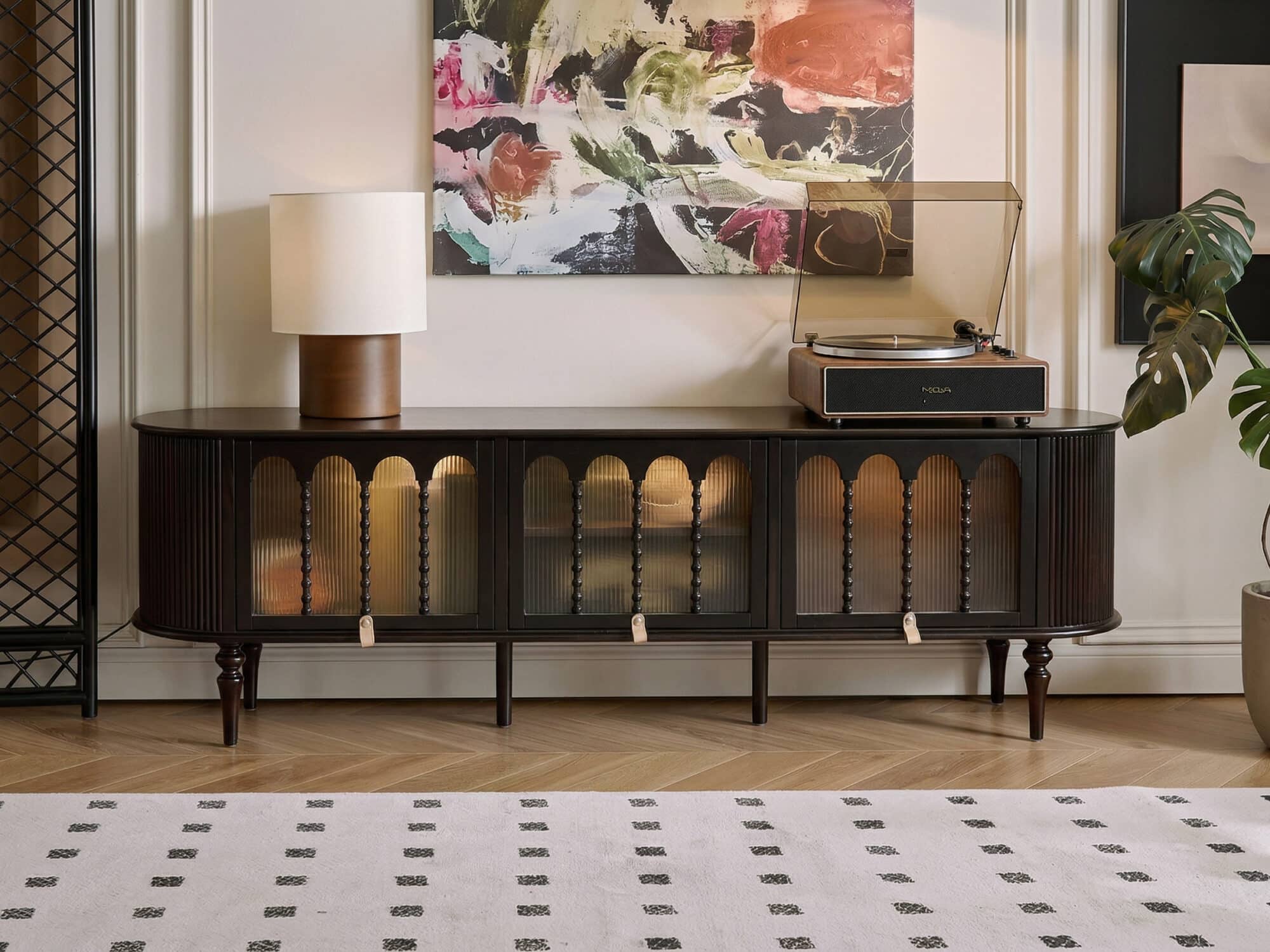 Modern Black TV Stand Console Table with Arched Glass Doors 相册图 #4 resized