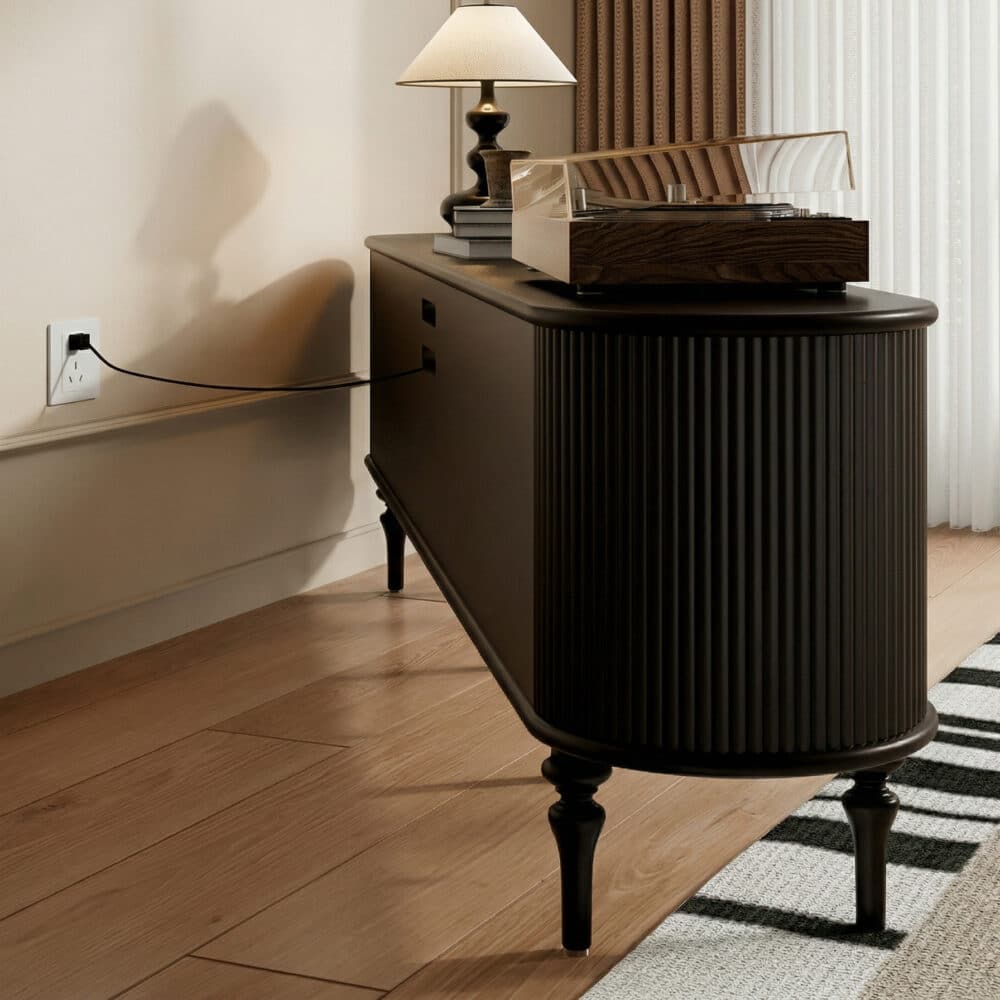 Modern Black TV Stand Console Table with Arched Glass Doors 相册图 #6 resized