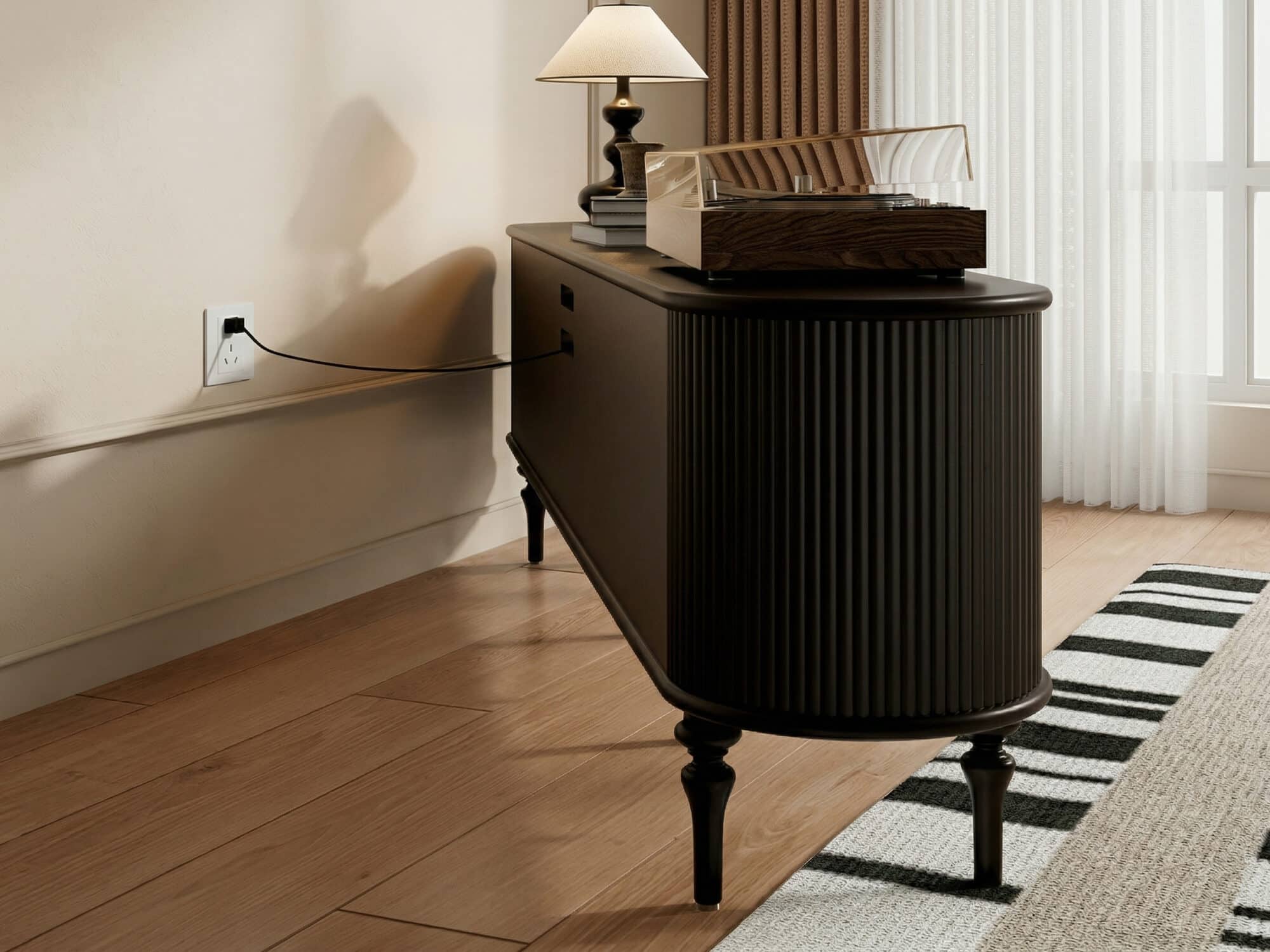 Modern Black TV Stand Console Table with Arched Glass Doors 相册图 #6 resized
