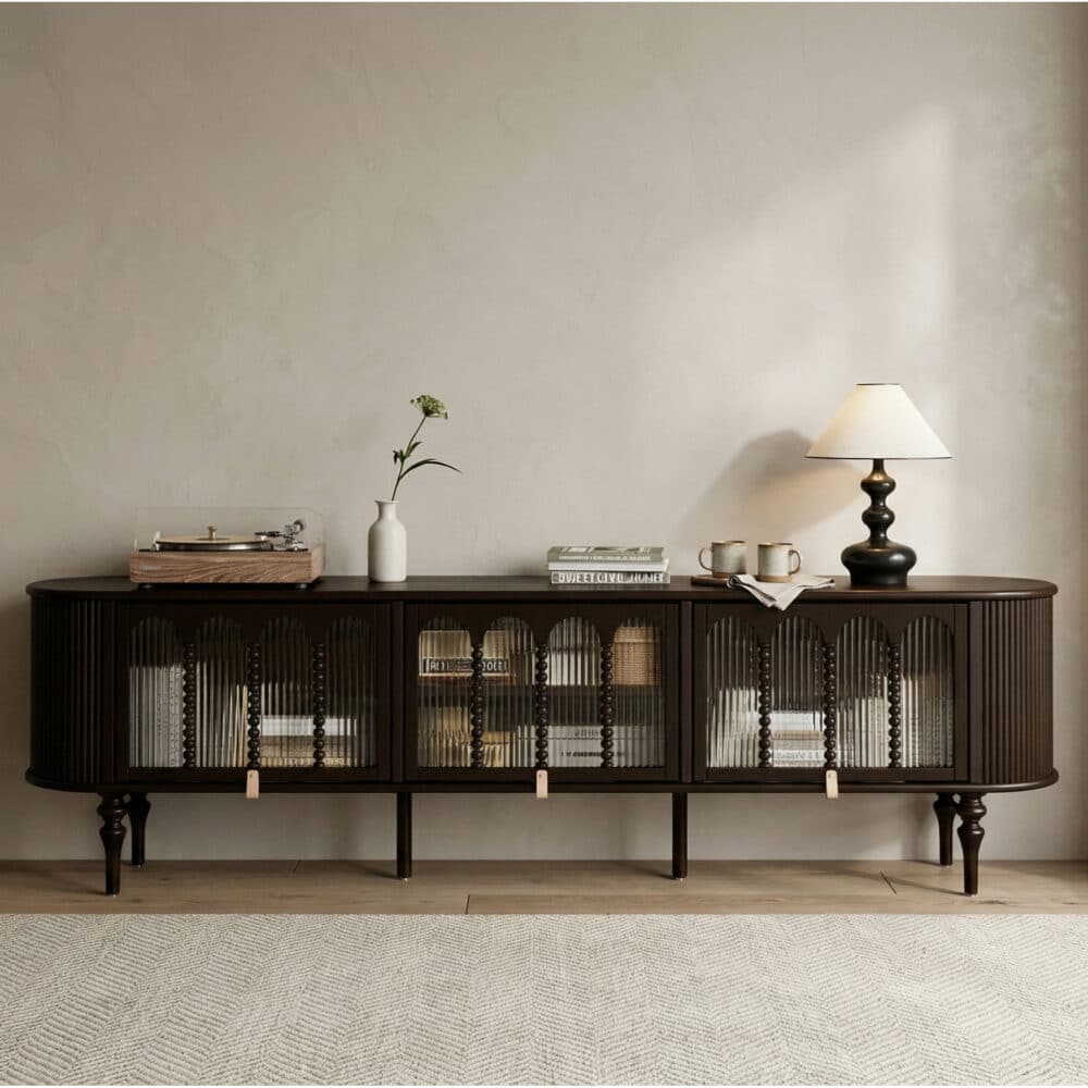 Modern Black TV Stand Console Table with Arched Glass Doors 商品主图 scene
