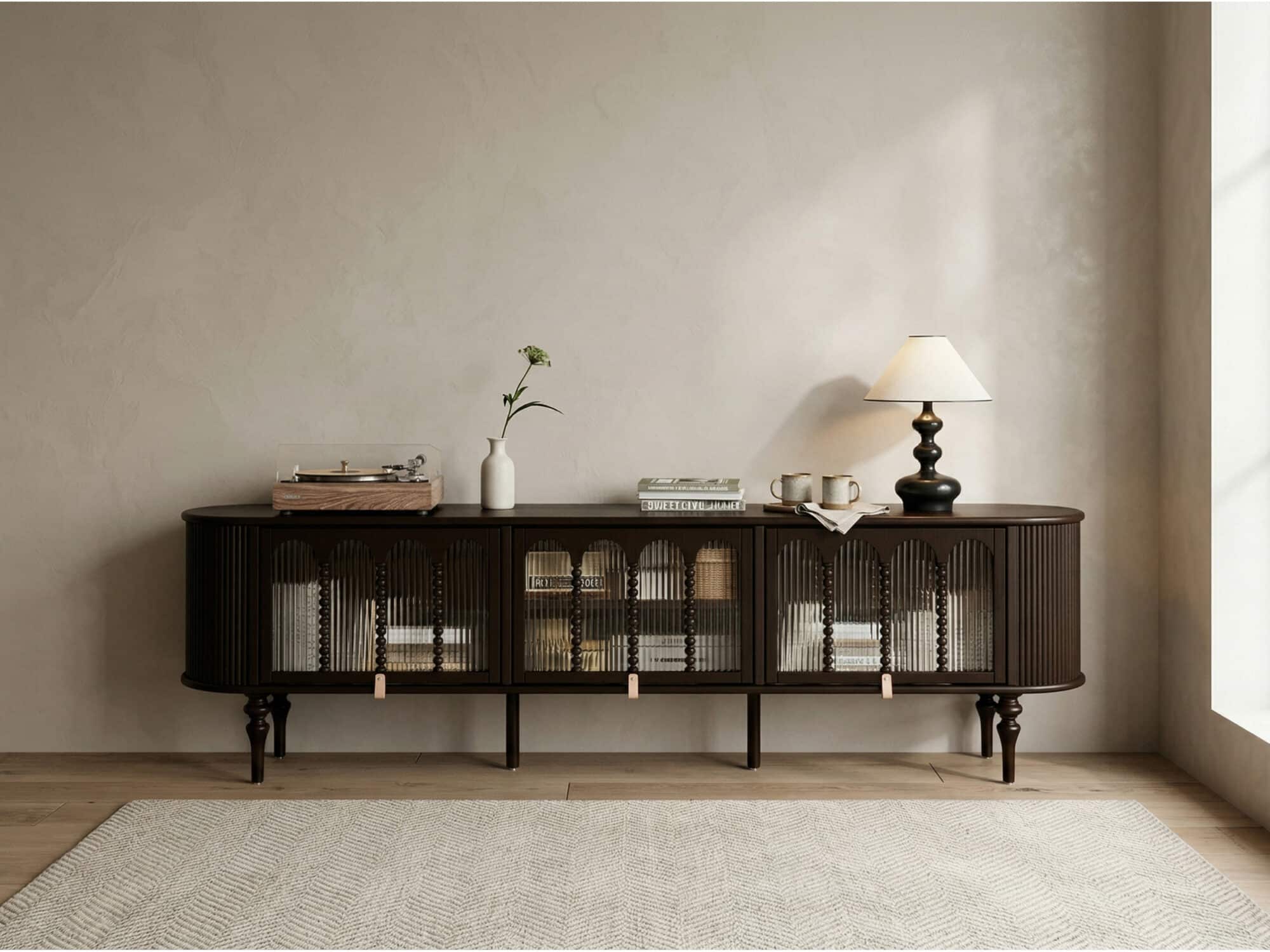 Modern Black TV Stand Console Table with Arched Glass Doors 商品主图 scene