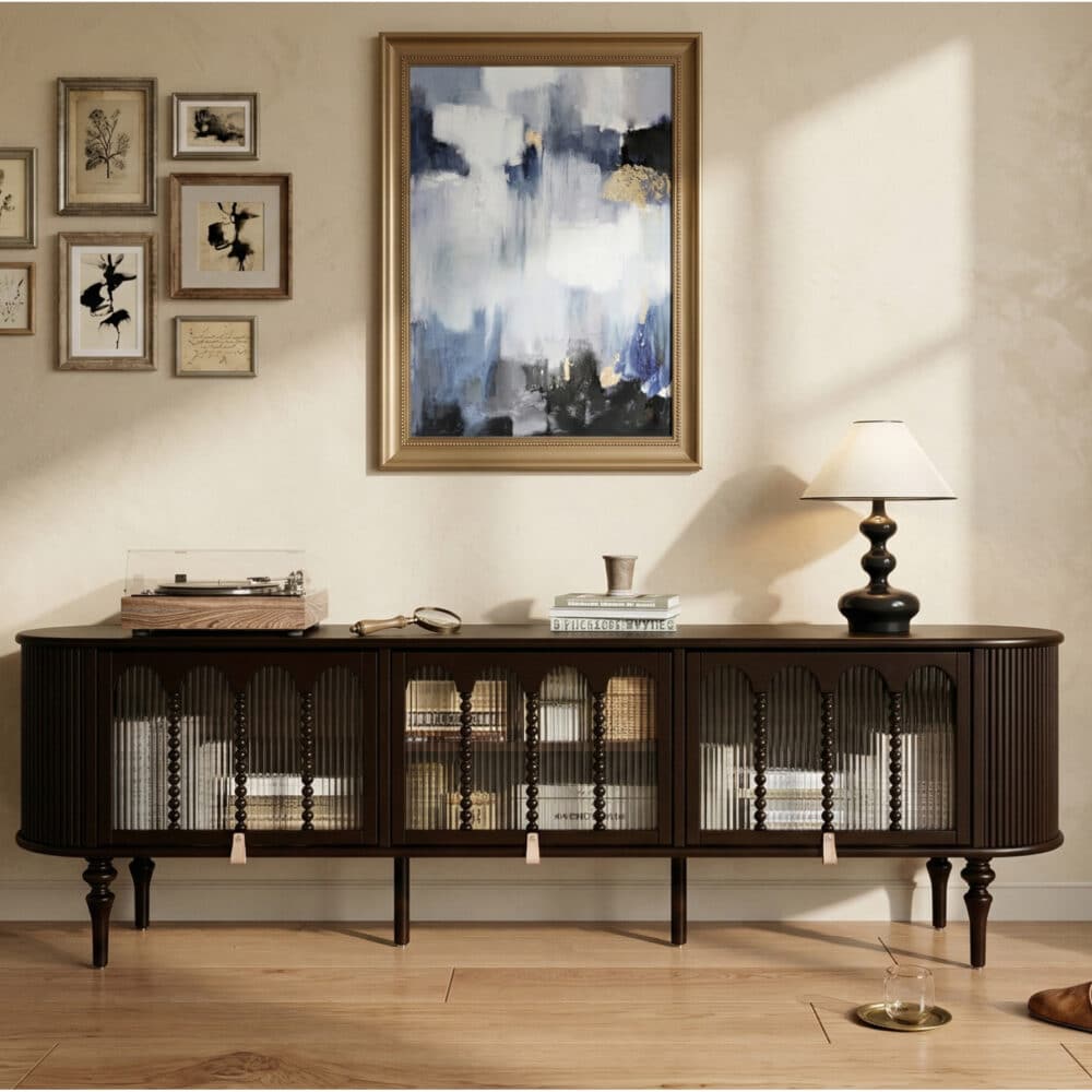 Modern Black TV Stand Console Table with Arched Glass Doors 相册图 #2 scene