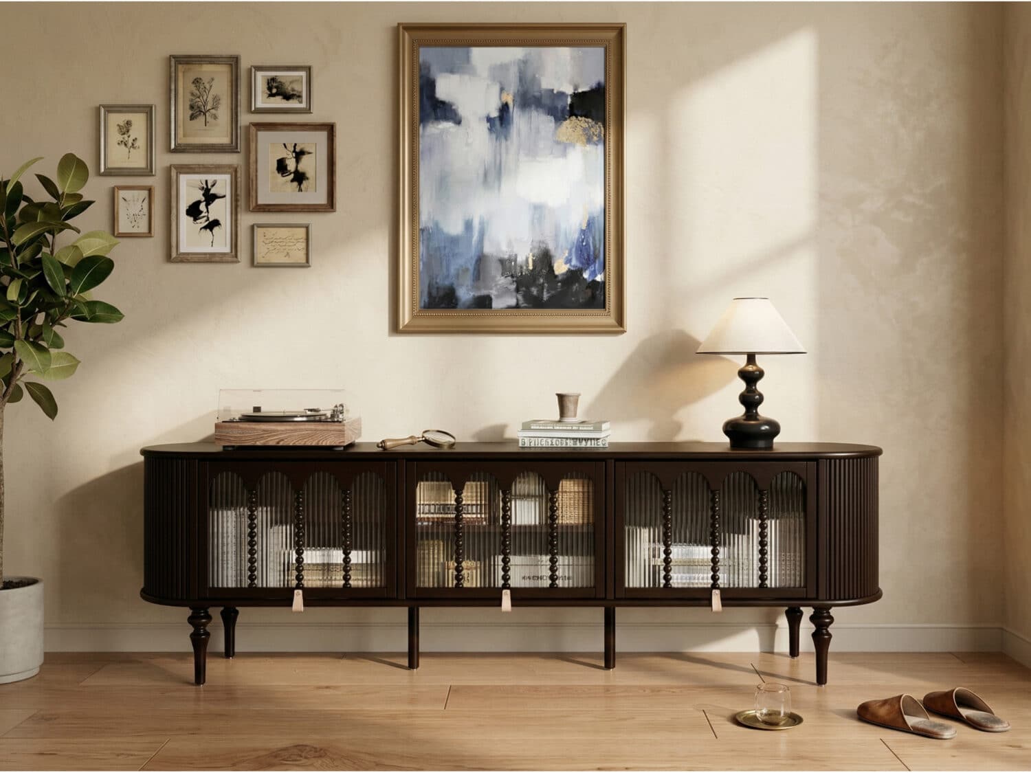 Modern Black TV Stand Console Table with Arched Glass Doors 相册图 #2 scene
