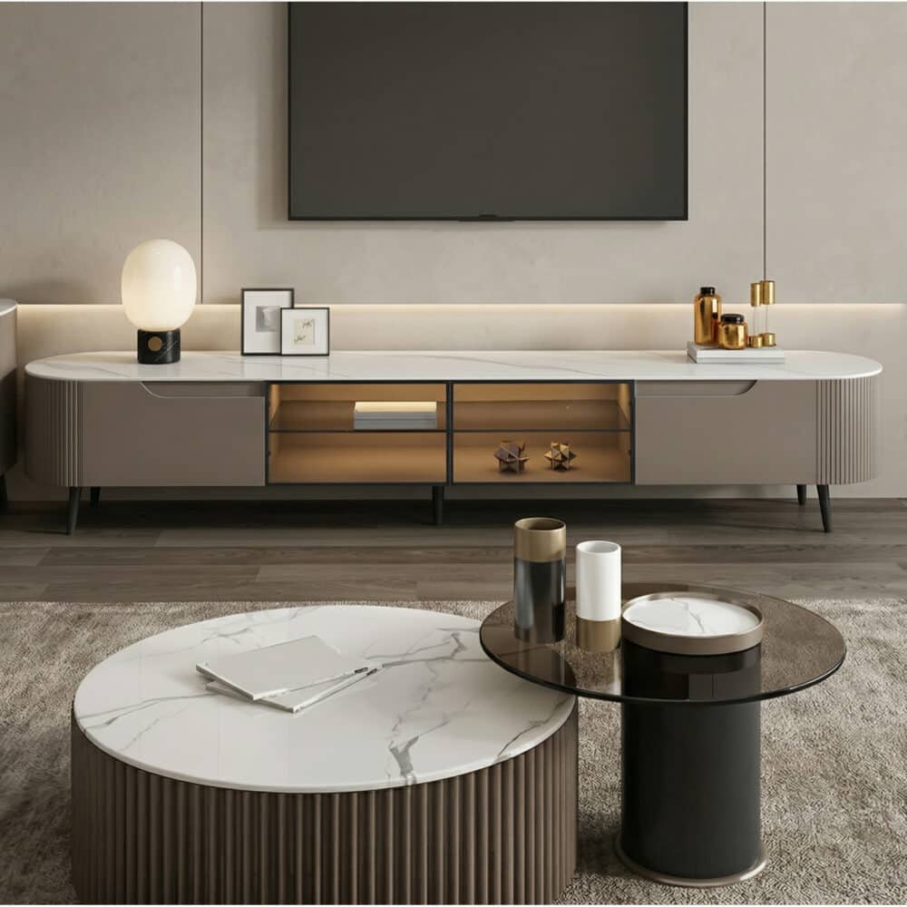 Modern Grey Stone Drawers Shelves Long Length TV Stand 相册图 #1 scene