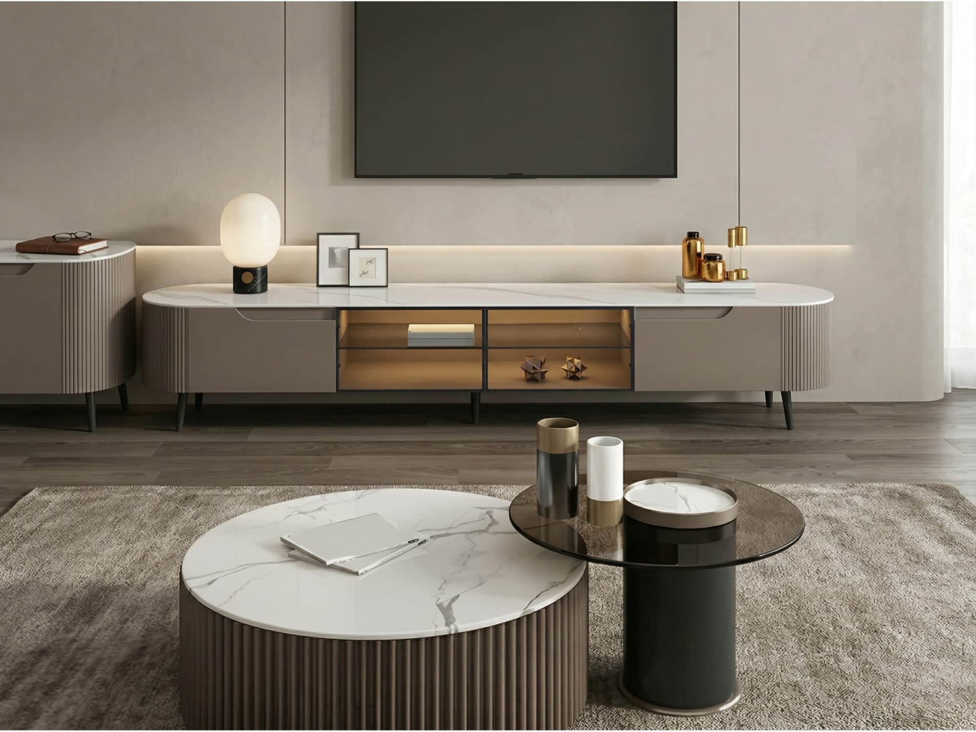 Modern Grey Stone Drawers Shelves Long Length TV Stand 相册图 #1 scene