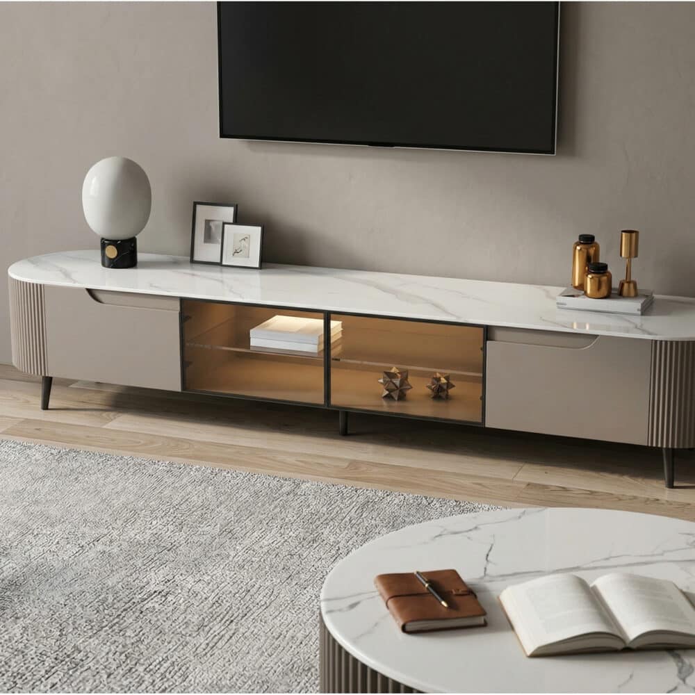 Modern Grey Stone Drawers Shelves Long Length TV Stand 相册图 #2 scene