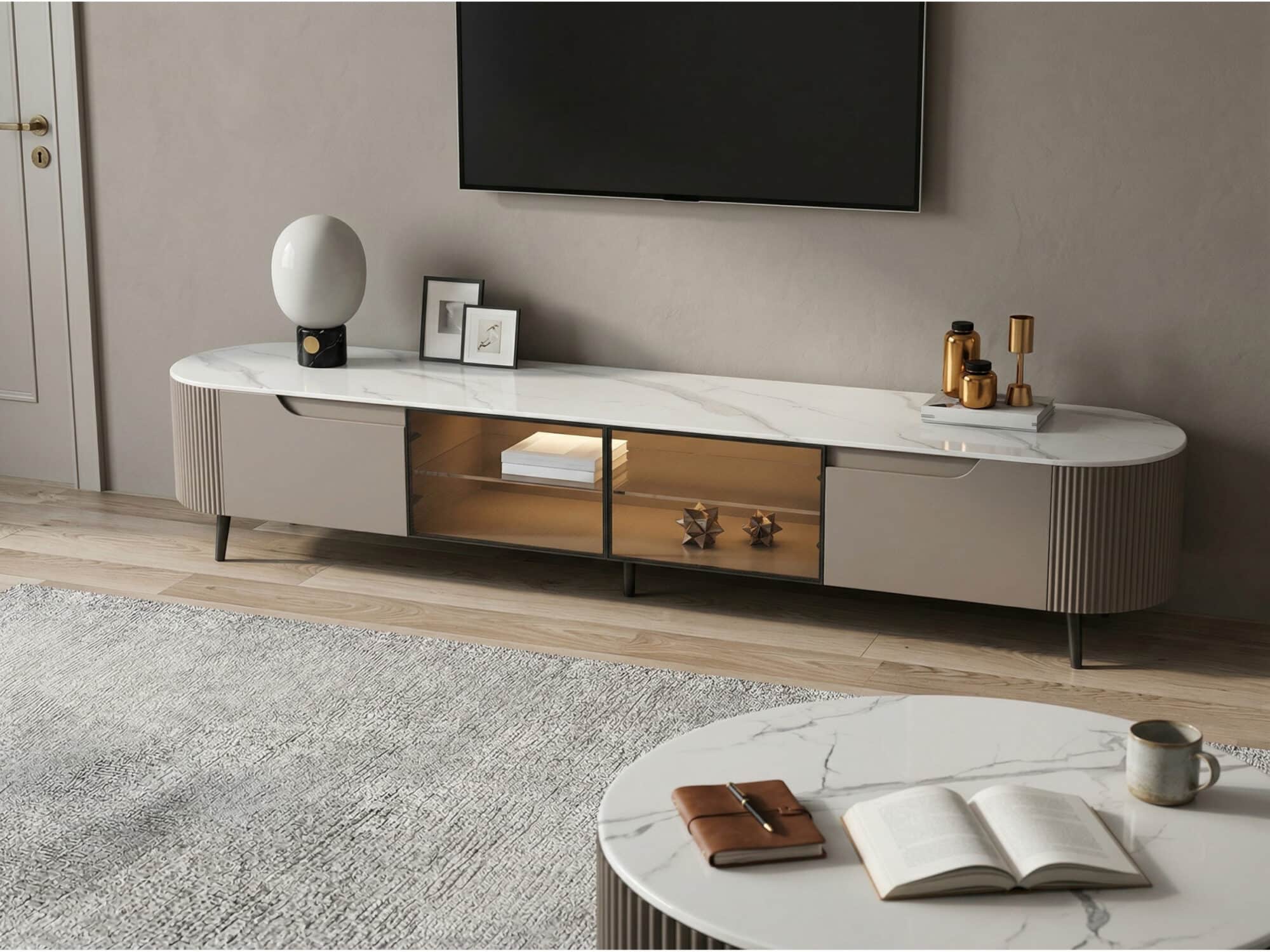 Modern Grey Stone Drawers Shelves Long Length TV Stand 相册图 #2 scene