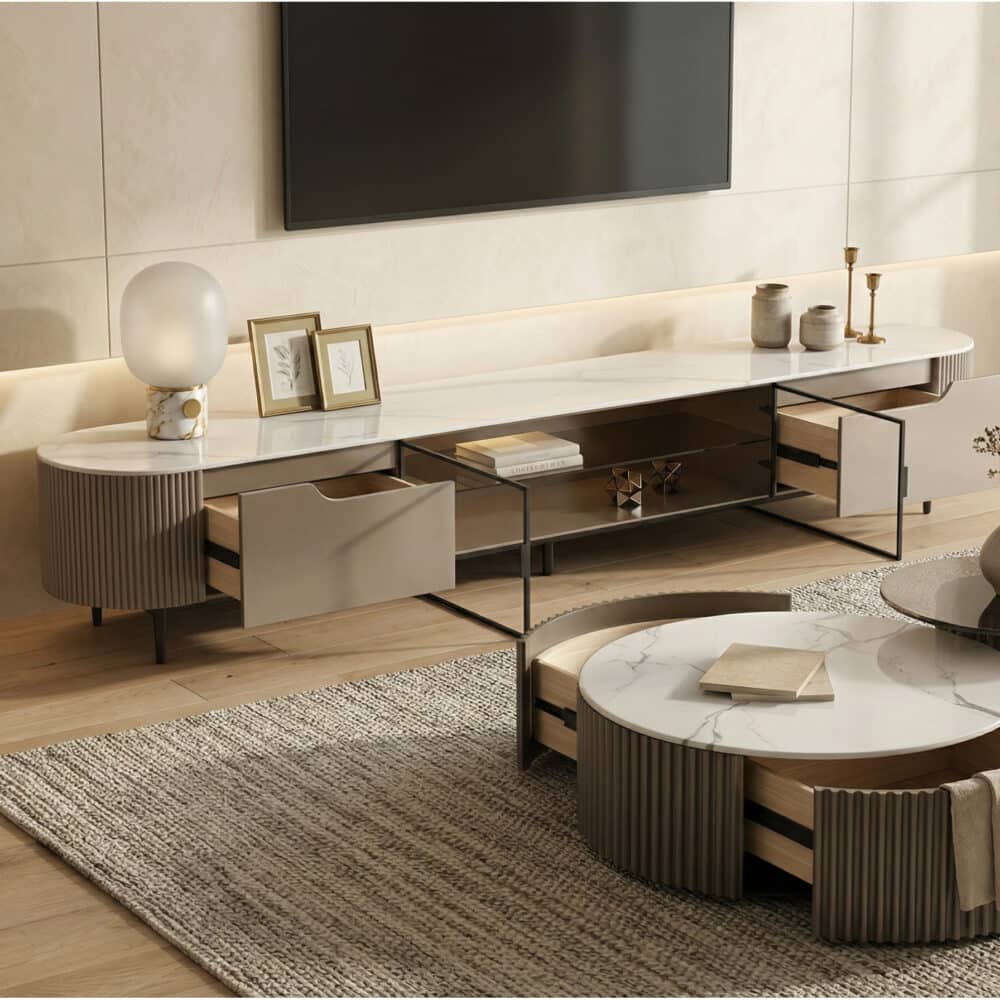 Modern Grey Stone Drawers Shelves Long Length TV Stand 相册图 #3 scene