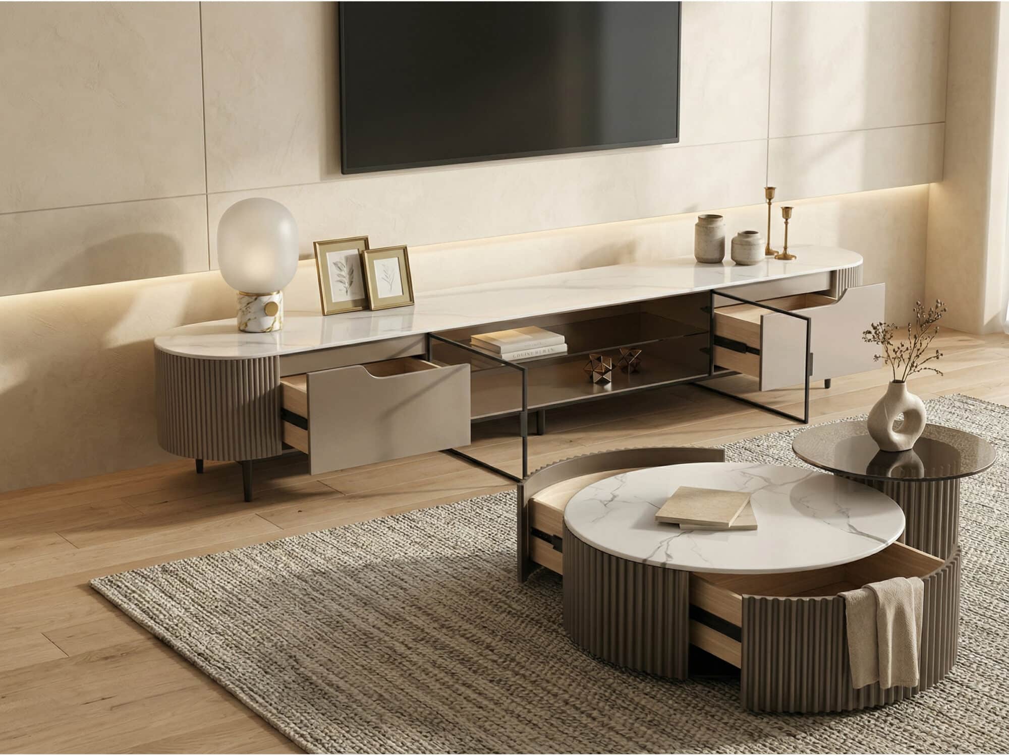 Modern Grey Stone Drawers Shelves Long Length TV Stand 相册图 #3 scene