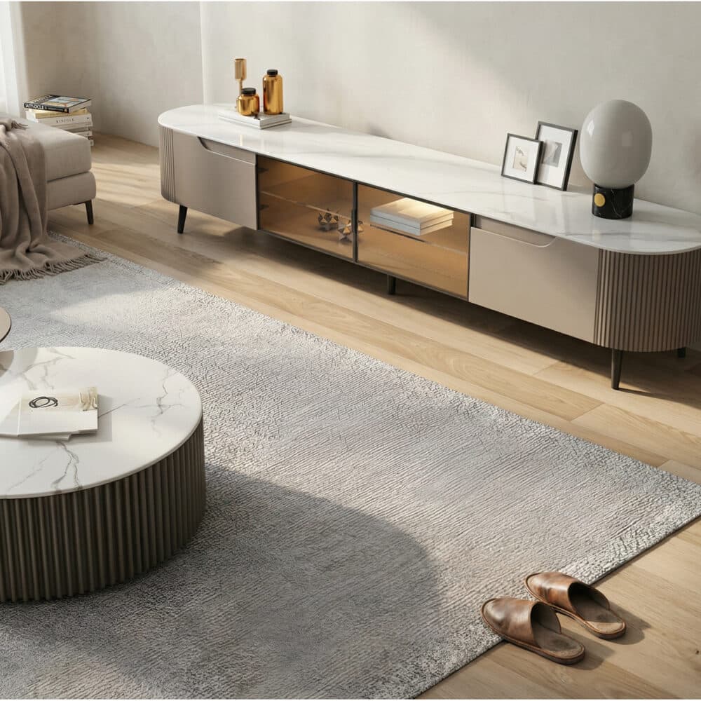 Modern Grey Stone Drawers Shelves Long Length TV Stand 相册图 #9 scene