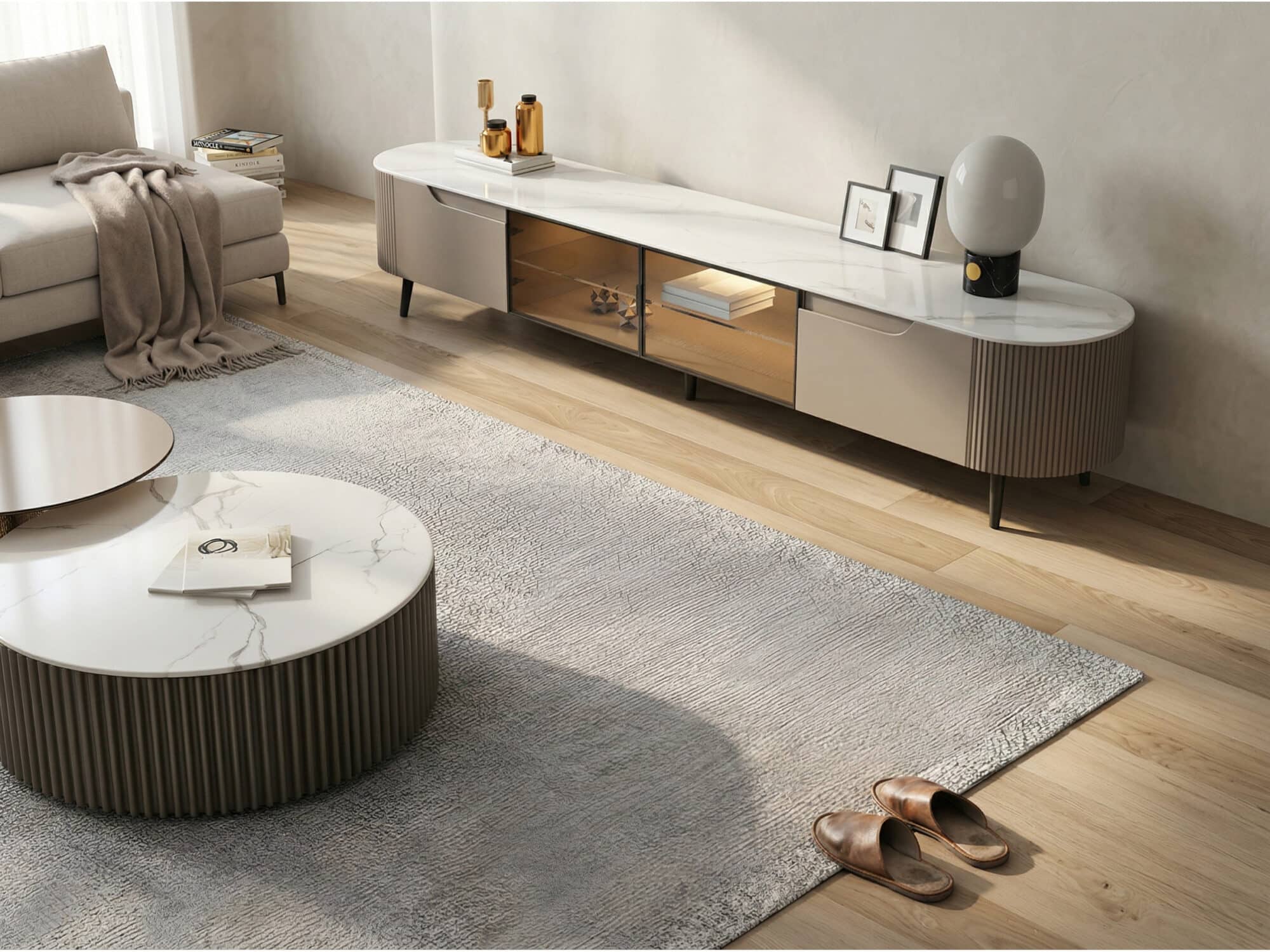 Modern Grey Stone Drawers Shelves Long Length TV Stand 相册图 #9 scene