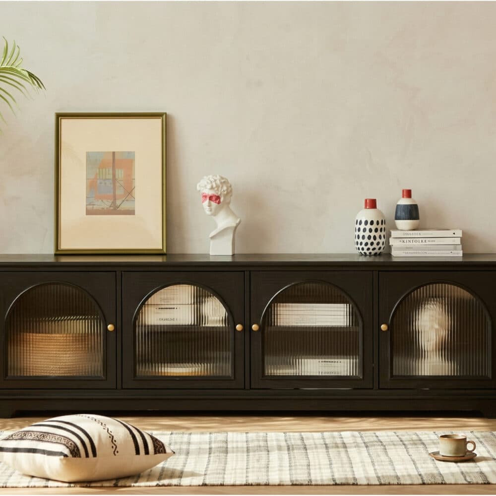 Modern Low-Profile TV Cabinet with Arched Glass Doors Freestanding Storage Console 商品主图 scene
