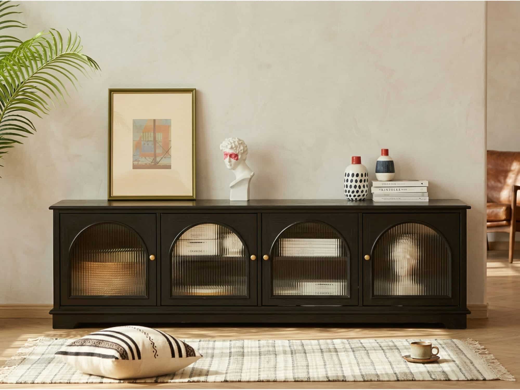 Modern Low-Profile TV Cabinet with Arched Glass Doors Freestanding Storage Console 商品主图 scene