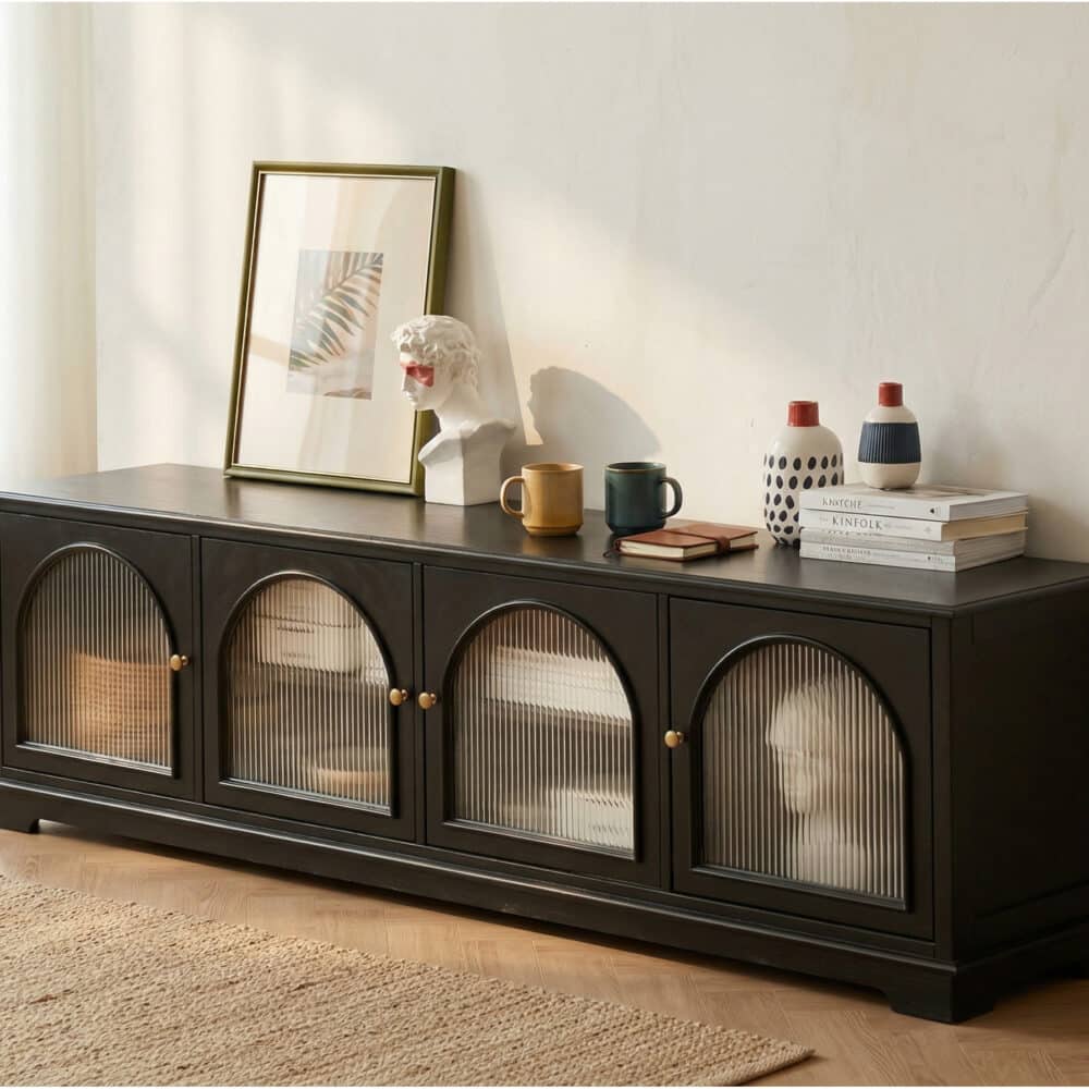 Modern Low-Profile TV Cabinet with Arched Glass Doors Freestanding Storage Console 相册图 #1 scene