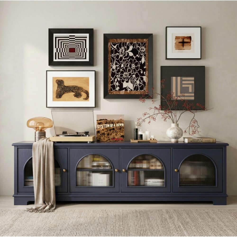 Modern Low-Profile TV Cabinet with Arched Glass Doors Freestanding Storage Console 相册图 #17 scene