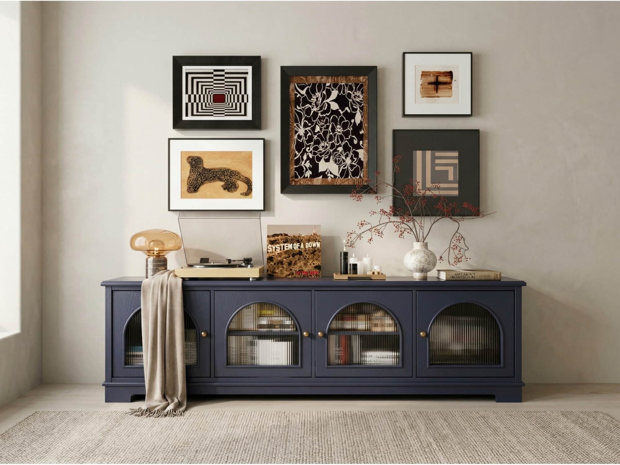 Modern Low-Profile TV Cabinet with Arched Glass Doors Freestanding Storage Console 相册图 #17 scene