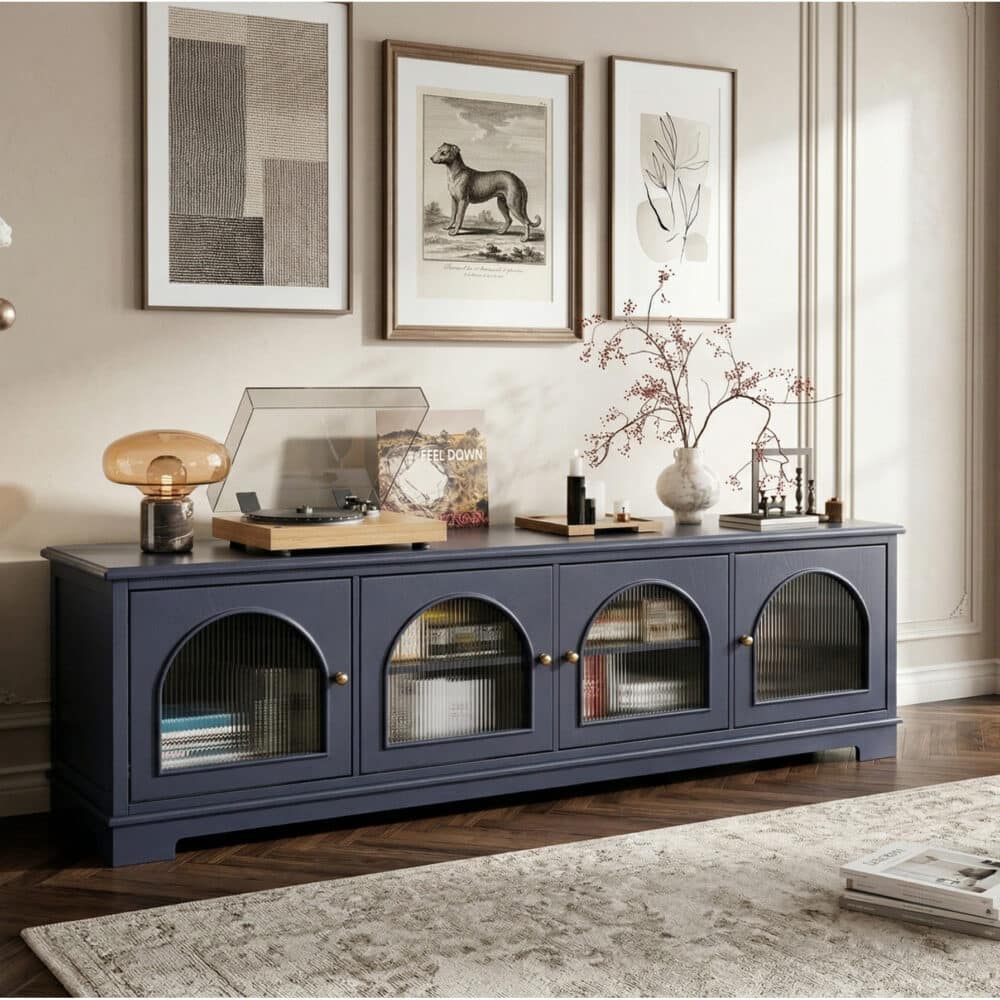 Modern Low-Profile TV Cabinet with Arched Glass Doors Freestanding Storage Console 相册图 #18 scene