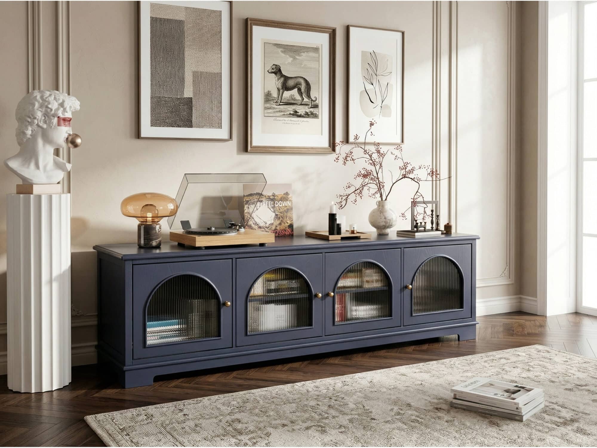 Modern Low-Profile TV Cabinet with Arched Glass Doors Freestanding Storage Console 相册图 #18 scene