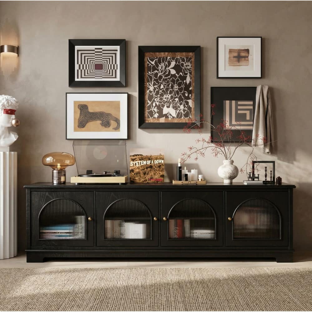 Modern Low-Profile TV Cabinet with Arched Glass Doors Freestanding Storage Console 相册图 #2 scene