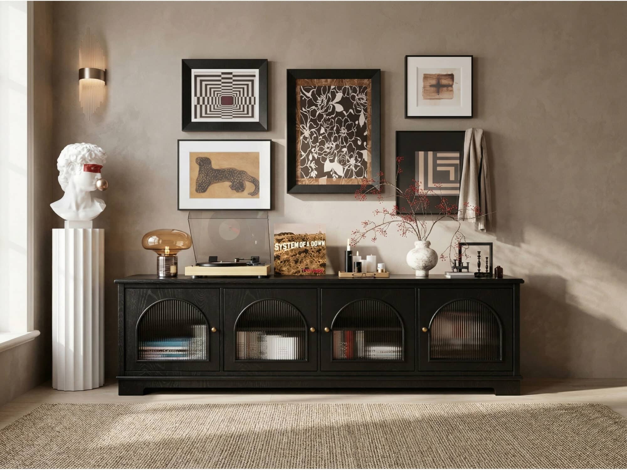 Modern Low-Profile TV Cabinet with Arched Glass Doors Freestanding Storage Console 相册图 #2 scene