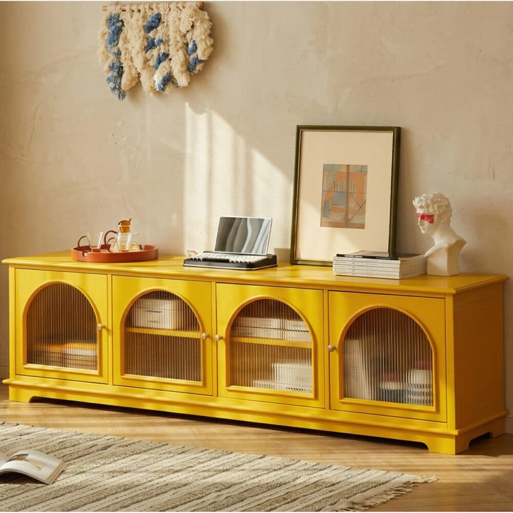 Modern Low-Profile TV Cabinet with Arched Glass Doors Freestanding Storage Console 相册图 #20 scene