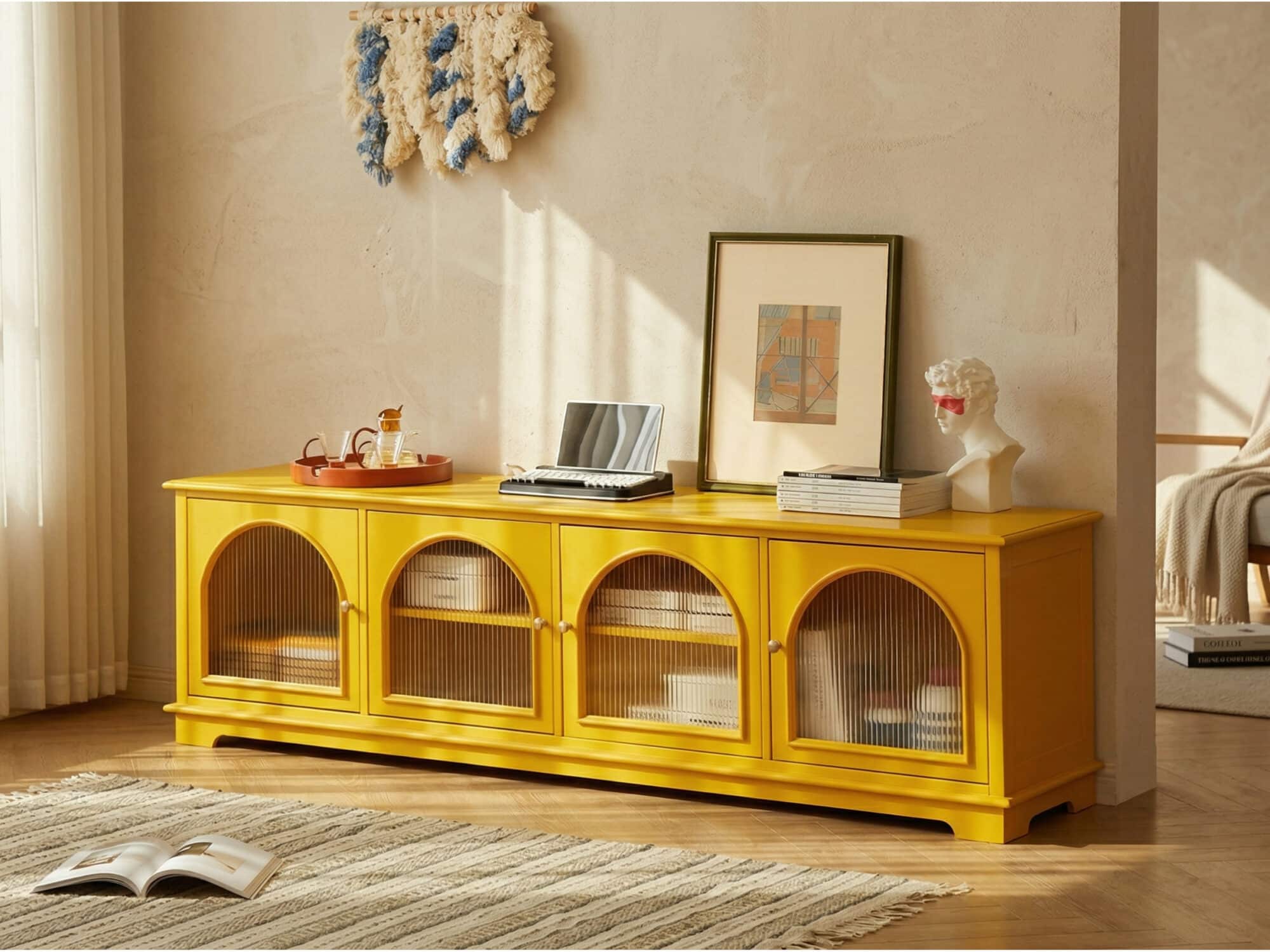 Modern Low-Profile TV Cabinet with Arched Glass Doors Freestanding Storage Console 相册图 #20 scene