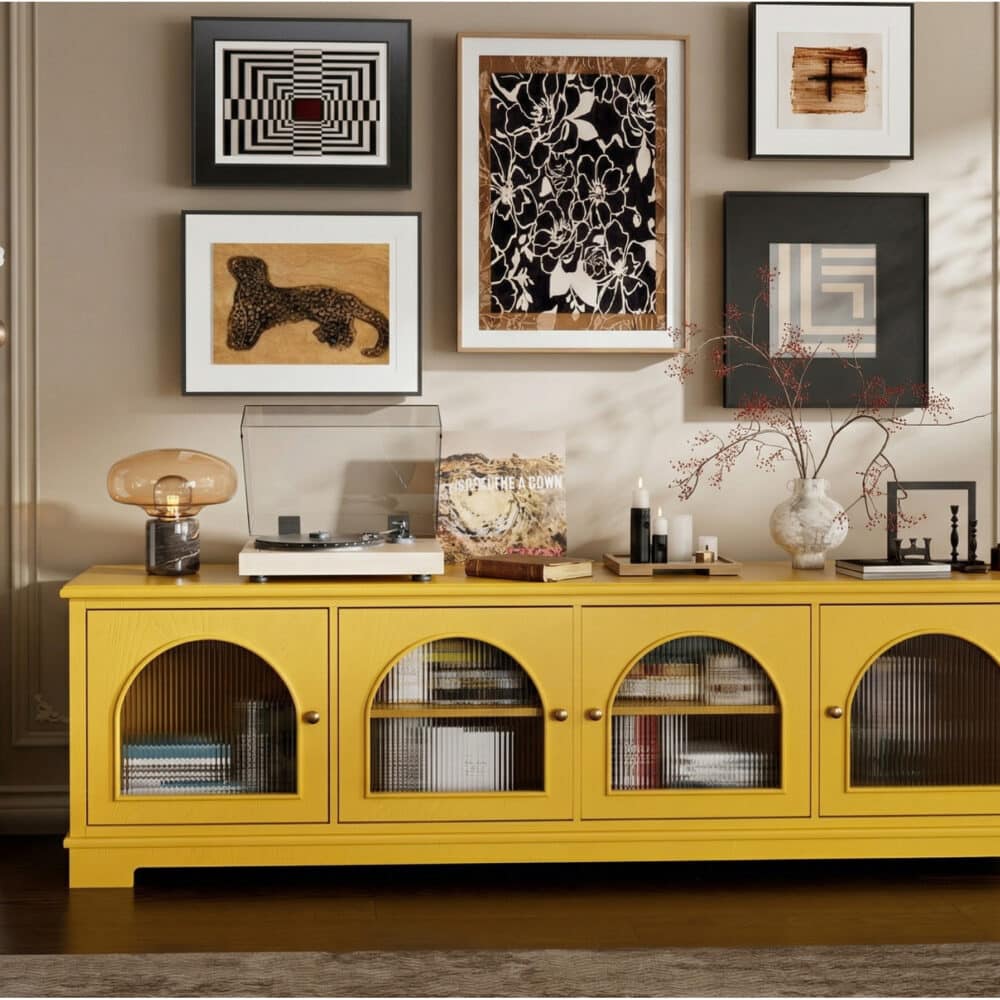 Modern Low-Profile TV Cabinet with Arched Glass Doors Freestanding Storage Console 相册图 #22 scene