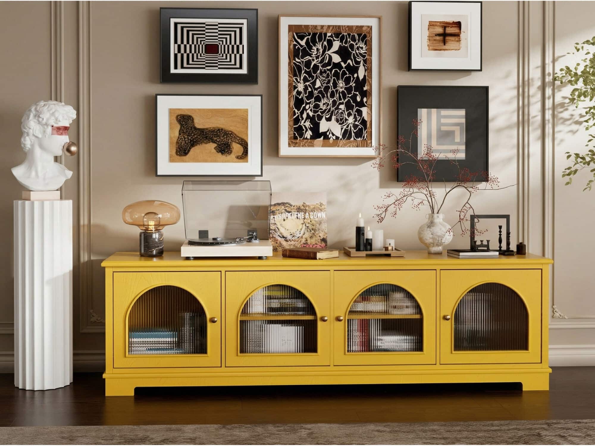 Modern Low-Profile TV Cabinet with Arched Glass Doors Freestanding Storage Console 相册图 #22 scene