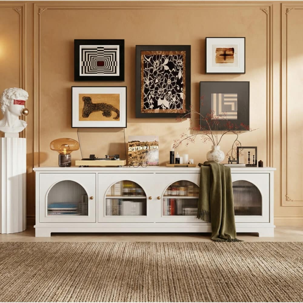 Modern Low-Profile TV Cabinet with Arched Glass Doors Freestanding Storage Console 相册图 #24 scene