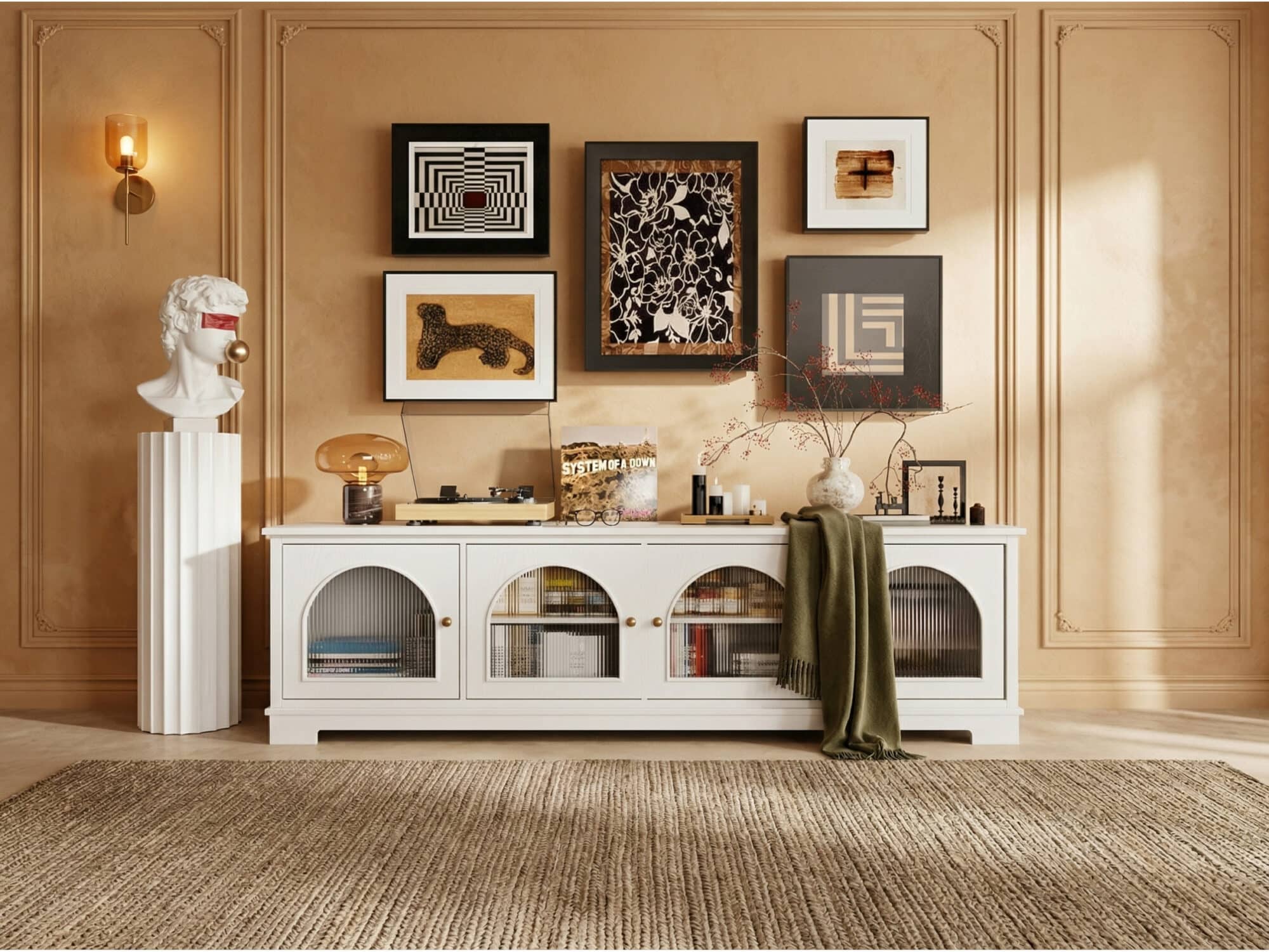 Modern Low-Profile TV Cabinet with Arched Glass Doors Freestanding Storage Console 相册图 #24 scene