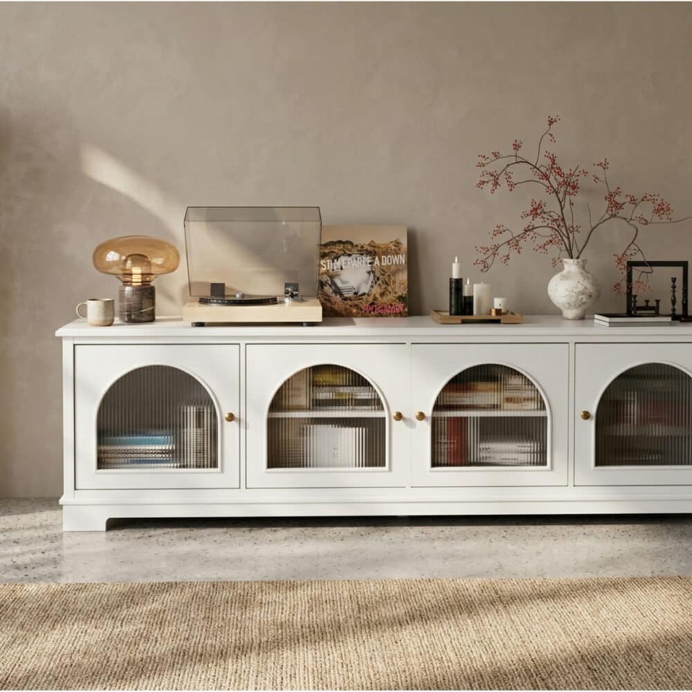 Modern Low-Profile TV Cabinet with Arched Glass Doors Freestanding Storage Console 相册图 #25 scene