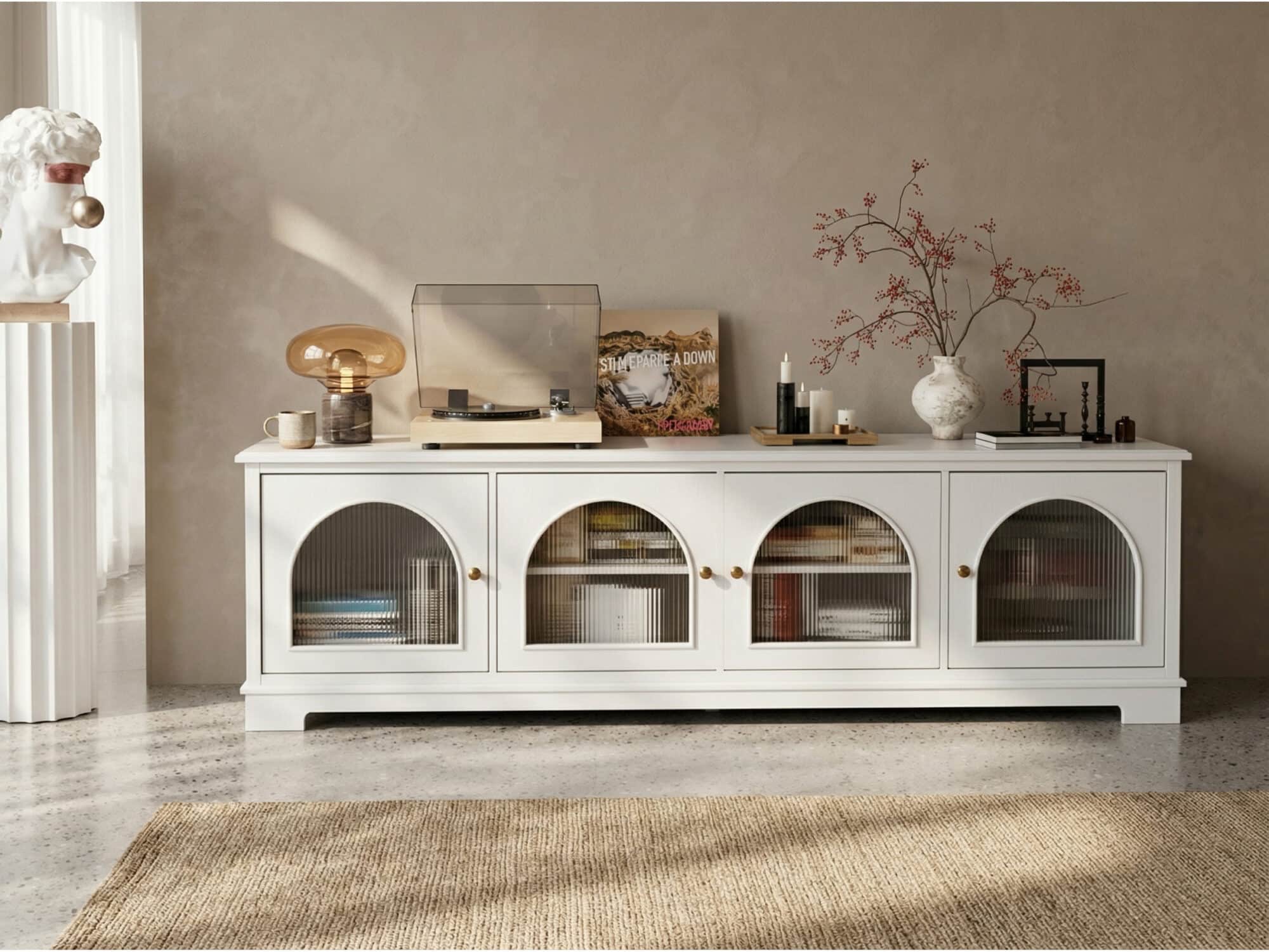 Modern Low-Profile TV Cabinet with Arched Glass Doors Freestanding Storage Console 相册图 #25 scene
