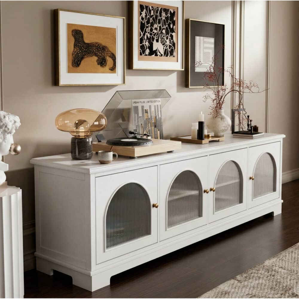 Modern Low-Profile TV Cabinet with Arched Glass Doors Freestanding Storage Console 相册图 #26 scene