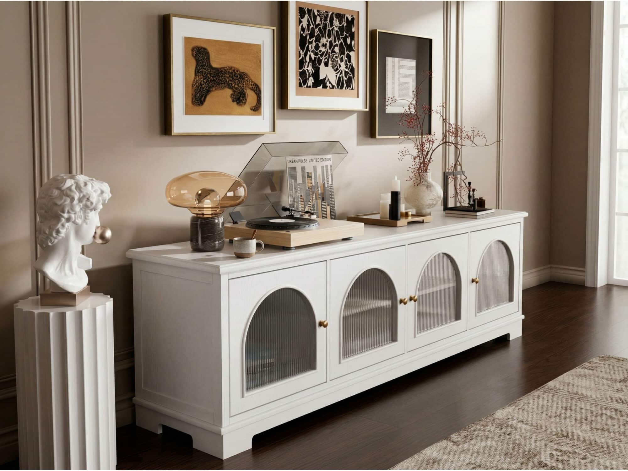 Modern Low-Profile TV Cabinet with Arched Glass Doors Freestanding Storage Console 相册图 #26 scene