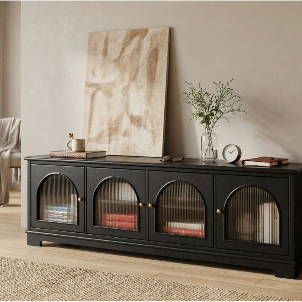 Modern Low-Profile TV Cabinet with Arched Glass Doors Freestanding Storage Console 相册图 #3 scene